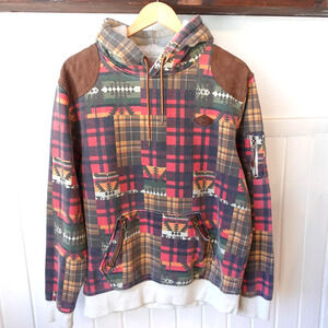 Parish Nation Hoodie Mens‎ Large Red Green Plaid Aztec Gorpcore Outdoor Heritage